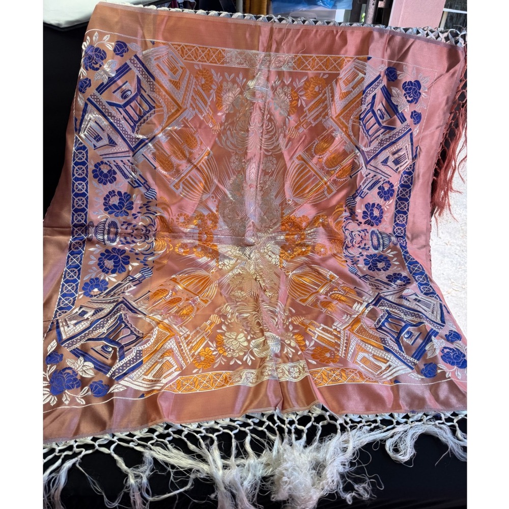 Vintage Silk Taj Mahal Piano Scarf WWII Fringe Shawl Peach Embroidered Souvenir